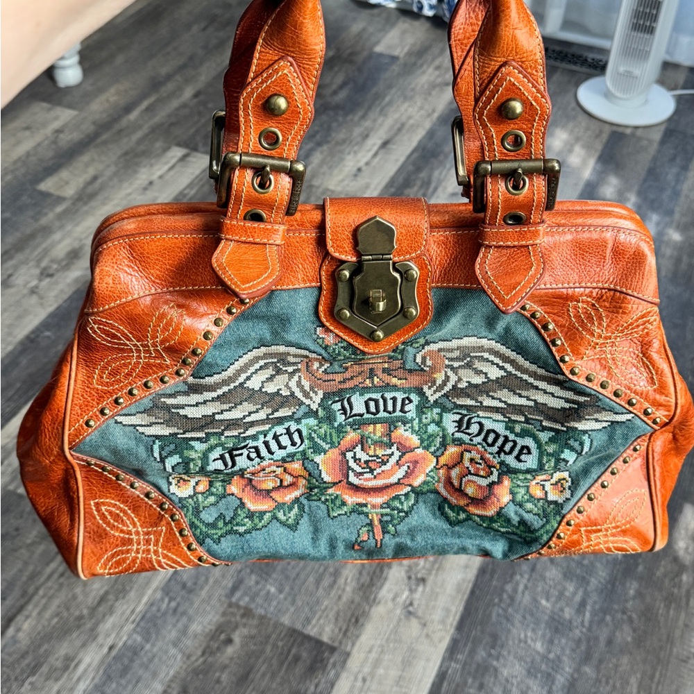 Isabella Fiore Vintage Leather and Denim Embroidered Travel bag (carry on size)